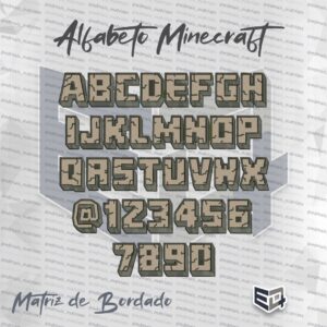 Matriz de bordado completa do alfabeto e números estilo Minecraft, com design 3D simulando blocos de pedra cinza com rachaduras.