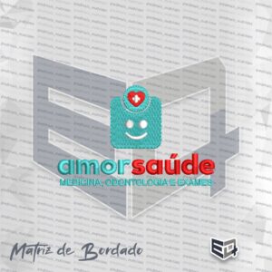 Matriz de bordado computadorizado da logomarca AmorSaúde com ícone de coração e texto em cian e vermelho
