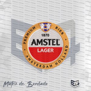 Matriz de bordado computadorizado circular da logomarca Amstel Lager nas cores vermelho, branco e dourado com detalhes de leões no topo