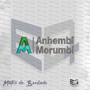 Matriz de bordado digital do logotipo da Universidade Anhembi Morumbi, mostrando o monograma AM em tons de verde e turquesa à esquerda e o nome da instituição em cinza à direita