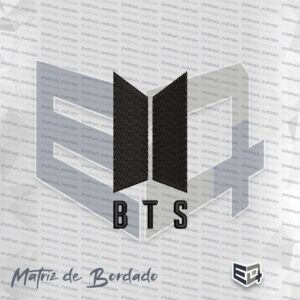 Matriz de bordado digital da logomarca preta do grupo BTS com as letras BTS logo abaixo.