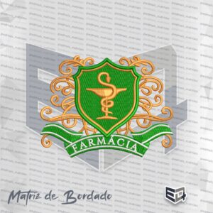 Matriz de bordado digital de brasão de Farmácia de luxo, com escudo verde, taça de higia dourada com serpente, ornamentos em arabesco dourados e faixa com o texto 'FARMÁCIA'