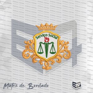 Matriz de bordado digital de brasão de Serviço Social de luxo, com escudo branco contendo balança e tocha verdes, ornamentos heráldicos dourados e texto 'Serviço Social'