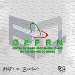 Matriz de bordado do logotipo CEPRN, apresentando ícone circular entrelaçado nas cores verde, azul e vermelho acima da sigla CEPRN em verde com contorno branco e o nome completo da instituição abaixo.