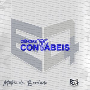 Matriz de bordado digital de Ciências Contábeis em azul royal, apresentando o Caduceu de Mercúrio entre as palavras "CIÊNCIAS" e "CONTÁBEIS" em ponto cheio com alta definição.