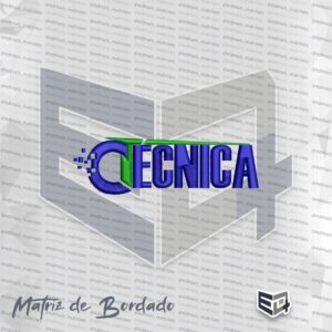 Matriz de bordado profissional do logotipo C Técnica nas cores azul e verde, com detalhe lateral de pixels digitais e acabamento em relevo para uniformes de assistência técnica.