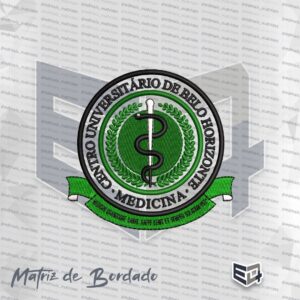 Matriz de bordado circular do curso de Medicina do Centro Universitário de Belo Horizonte (UniBH). O design contém o símbolo de Esculápio centralizado em um fundo verde, cercado por louros e a inscrição do nome da universidade em letras brancas sobre fundo preto.