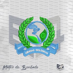 Matriz de bordado digital do brasão de Ciências Biológicas, apresentando uma hélice de DNA e folhas dentro de um círculo azul, ladeado por ramos de louro verdes e uma flâmula azul claro com o texto "CIÊNCIAS BIOLÓGICAS"