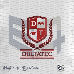 Matriz de bordado computadorizado em formato de brasão acadêmico vermelho e preto com as letras D e T, ramos de louro laterais e o nome DELTATEC na base