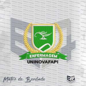 Matriz de bordado computadorizado do brasão da Enfermagem UNINOVAFAPI, com escudo verde, coroa de louros dourada e símbolo de Esculápio em branco.