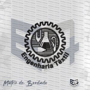 Matriz de bordado circular do símbolo da Engenharia Têxtil com uma engrenagem externa e elementos têxteis centralizados