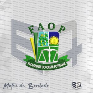 Matriz de bordado digital da FAOP (Faculdade do Oeste Potiguar), apresentando o escudo institucional com sol, balança, sigla superior e flâmula inferior com o nome da faculdade