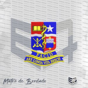 Matriz de bordado do brasão colorido da FACID com escudo dividido em quatro partes, elementos simbólicos e flâmula inferior com lema em latim