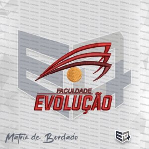 Matriz de bordado computadorizado da Faculdade Evolução, composta por três arcos em tons de vinho, um círculo dourado central e o texto Faculdade Evolução na base.