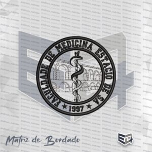 Matriz de bordado circular preta da Faculdade de Medicina Estácio de Sá com símbolo da medicina e desenho dos Arcos da Lapa