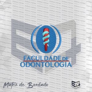 Matriz de bordado digital do logotipo da Faculdade de Odontologia da UFRGS, com símbolo da odontologia em vermelho e azul, texto "Faculdade de Odontologia" em azul sobre fundo preto