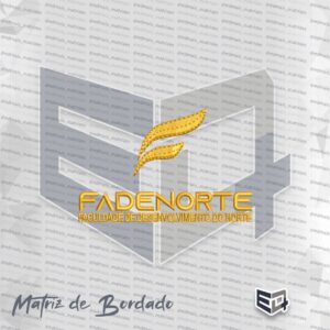 Matriz de bordado computadorizado do logotipo Fadenorte em tom dourado metálico, apresentando o símbolo estilizado e o nome Faculdade de Desenvolvimento do Norte.