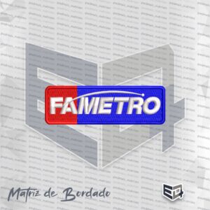 Matriz de bordado computadorizado do logotipo Fametro em formato retangular, cores azul, vermelho e branco.