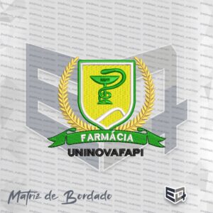 Matriz de bordado computadorizado do brasão da FarmáciaUNINOVAFAPI, com escudo amarelo, coroa de louros dourada e símbolo de Esculápio em branco.