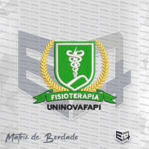 Matriz de bordado computadorizado do brasão da Fisioterapia UNINOVAFAPI, com escudo verde, coroa de louros dourada e símbolo de Esculápio em branco.