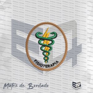 Matriz de bordado circular da Fisioterapia com fundo preto, raio dourado central, duas serpentes verdes entrelaçadas e borda dourada estilo cordão