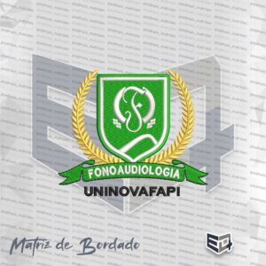 Matriz de bordado computadorizado do brasão da Fonoaudiologia UNINOVAFAPI, com escudo verde, coroa de louros dourada e símbolo de Esculápio em branco.