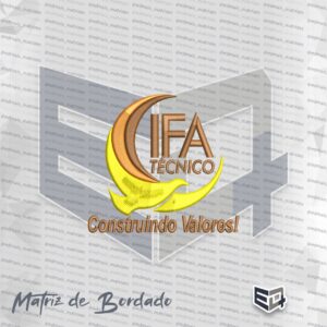 Matriz de bordado digital do IFA Técnico. Apresenta um logotipo com uma ave estilizada em amarelo na base e um arco em tons de bronze na parte superior. Ao centro, a sigla "IFA TÉCNICO" e, na base, a frase "Construindo Valores!" em letras marrons com ponto cheio e relevo.