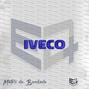 Matriz de bordado computadorizado do logotipo IVECO em azul royal, com letras em ponto cheio e acabamento de alta densidade.