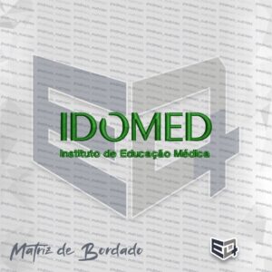 Matriz de bordado computadorizado do logotipo Horizontal IDOMED INSTITUTO DE EDUCAÇÃO MÉDICA em fio verde cetim, centralizado em um jaleco médico