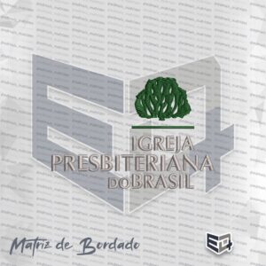 Matriz de bordado institucional da Igreja Presbiteriana do Brasil, apresentando o ícone da sarça ardente em verde e o nome da igreja em letras bordadas na cor prata, com acabamento em ponto cetim de alta definição