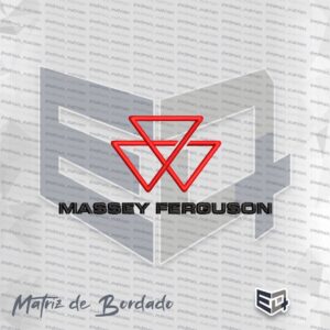 Matriz de bordado computadorizado do logotipo Massey Ferguson, apresentando o símbolo de três triângulos entrelaçados em linha vermelha e o nome da marca abaixo em linha preta, com acabamento em ponto cheio sobre fundo preto