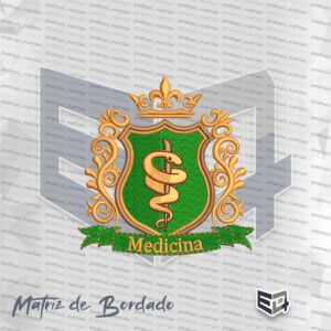Matriz de bordado digital de brasão de Medicina de luxo, com escudo verde, bastão de esculápio dourado, ornamentos em arabesco, coroa com flor de lis e faixa com texto 'Medicina