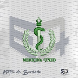 Matriz de bordado digital do curso de Medicina da UNEB, apresentando o bastão de Esculápio com serpente verde, ramos de louro e texto 'MEDICINA UNEB' na base