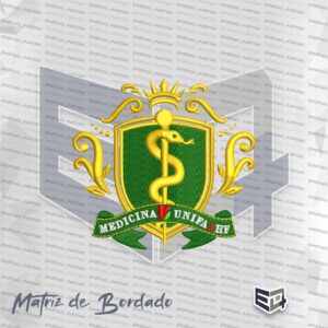 Matriz de bordado do brasão de Medicina UNIFAAHF, com fundo verde, bastão de Esculápio dourado, coroa heráldica e flâmula inferior com texto branco