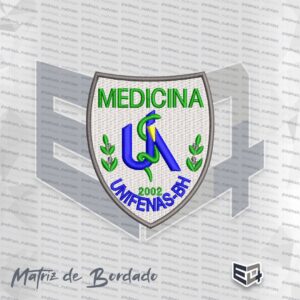 Matriz de bordado digital em formato de brasão para Medicina UNIFENAS BH. Possui fundo branco em ponto tatami, monograma azul central com serpente verde e tocha amarela. A palavra "MEDICINA" está no topo em verde e "UNIFENAS-BH 2002" na base em azul, com ramos laterais decorativos e contorno cinza