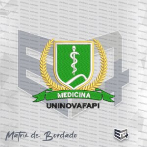 Matriz de bordado computadorizado do brasão da Medicina UNINOVAFAPI, com escudo verde, coroa de louros dourada e símbolo de Esculápio em branco.