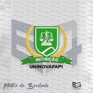 Matriz de bordado computadorizado do brasão de Nutrição UNINOVAFAPI, com escudo verde, coroa de louros dourada e símbolo de Esculápio em branco.