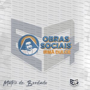 Matriz de bordado computadorizado do logotipo das Obras Sociais Irmã Dulce, apresentando o rosto de Santa Dulce dos Pobres em tons de azul e dourado