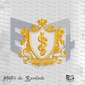 Matriz de bordado do brasão de Odontologia com escudo branco, detalhes ornamentais dourados, coroa superior e serpente centralizada