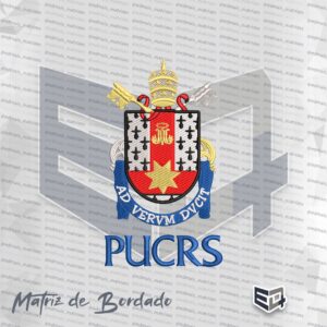 Matriz de bordado detalhada do brasão oficial da PUCRS, com chaves cruzadas, coroa, escudo central e a sigla PUCRS em azul na base