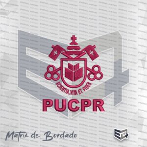 Matriz de bordado computadorizado da PUCPR apresentando o brasão com tiara papal e chaves cruzadas em tons de vermelho e cinza