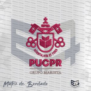 Matriz de bordado computadorizado da PUCPR e Grupo Marista, apresentando o brasão com tiara papal e chaves cruzadas em tons de vermelho e cinza