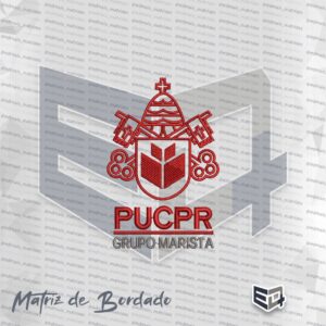 Matriz de bordado computadorizado da PUCPR e Grupo Marista, apresentando o brasão com tiara papal e chaves cruzadas em tons de vermelho e cinza