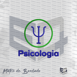 Matriz de bordado computadorizado do curso de Psicologia da Unicerrado. Apresenta o símbolo da letra grega Psi em azul escuro centralizado dentro de um círculo verde em ponto cheio. Abaixo, a palavra "Psicologia" bordada em azul escuro com tipografia arredondada