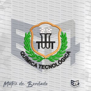 Matriz de bordado digital de brasão de Química Tecnológica, com escudo dourado contendo tubos de ensaio, ramos de louro verdes e o texto 'QUÍMICA TECNOLÓGICA' na base.