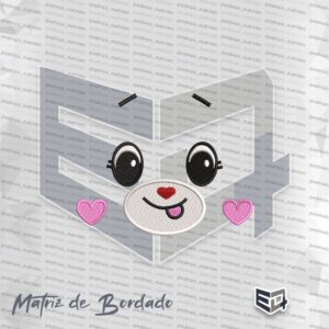 Matriz de bordado computadorizado do rosto de um Ursinho Carinhoso com focinho preparado para aplique de tecido e corações nas bochechas.