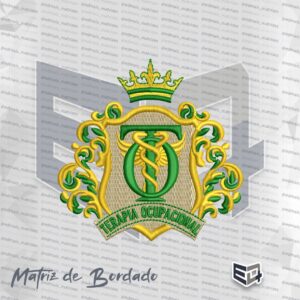 Matriz de bordado computadorizado do brasão de Terapia Ocupacional com coroa e arabescos em tons de verde e dourado, contendo o símbolo da profissão e a escrita Terapia Ocupacional na base.