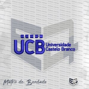 Matriz de bordado digital da logomarca UCB Universidade Castelo Branco com letras azuis horizontal