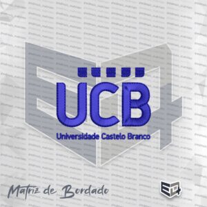 Matriz de bordado digital da logomarca UCB Universidade Castelo Branco com letras azuis
