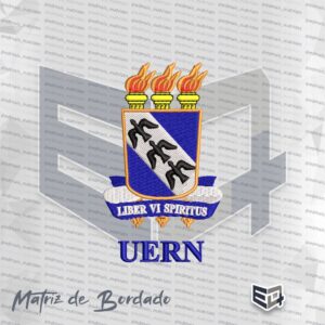 Matriz de bordado digital do brasão da UERN com escudo azul e branco, três pássaros pretos, três tochas douradas no topo e faixa azul com a frase Liber Vi Spiritus